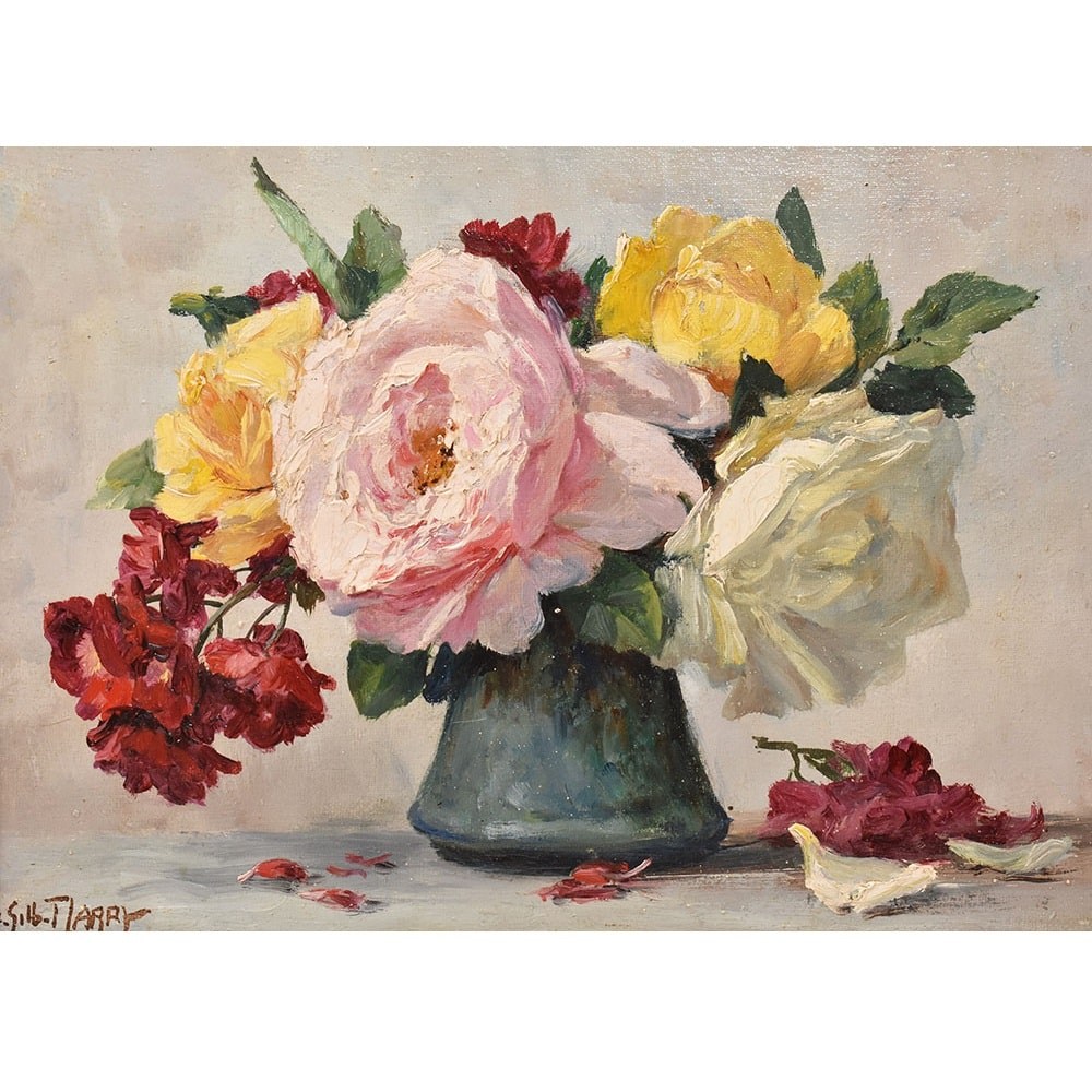 QF639 3 antique roses floral painting flower oil painting still life art deco